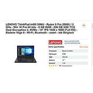 LENOVO ThinkPad A485 20MU - Ryzen 5 Pro 2500U / 2 GHz - Win 10 Pro 64 bits - 8 GB RAM - 256 GB SSD TCG Opal Encryption 2, NVMe - 14" IPS 1920 x 1080 (Full HD)